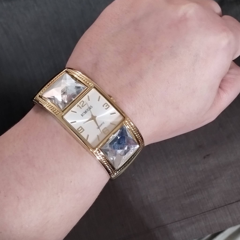 Rumours Bangle Bracelet Quartz Watch Hinge Open/Close & Large Square Rhinestones - Picture 7 of 13